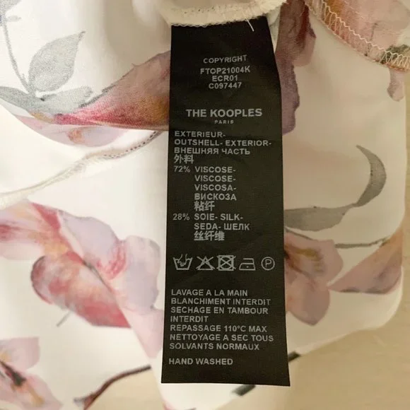 The Kooples Printed Ecru Top 1 Small Floral Motif Peplum Gathered Puff Sleeves - Picture 5 of 7